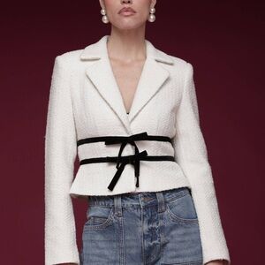 Avec Les Filles White Bouclé Blazer with Black Velvet Ribbon Accents